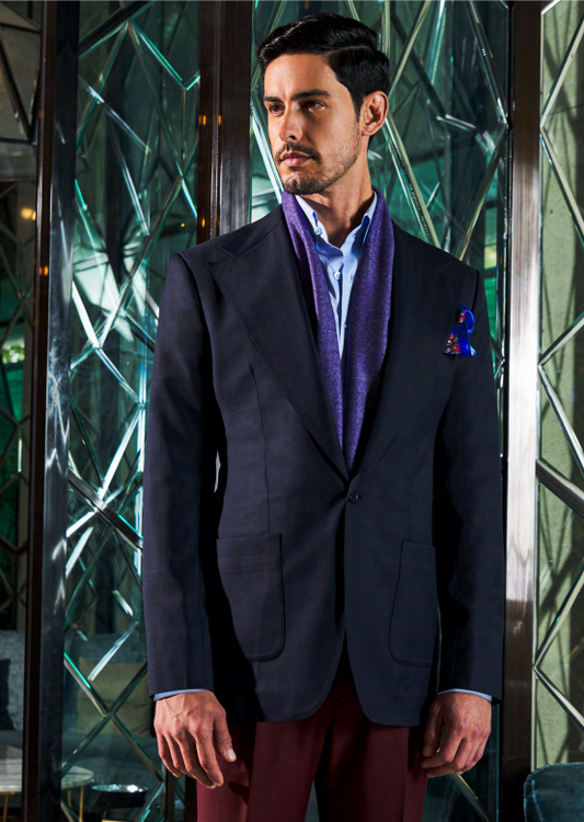 Mens Dark Blue With Maroon Border Check Coat