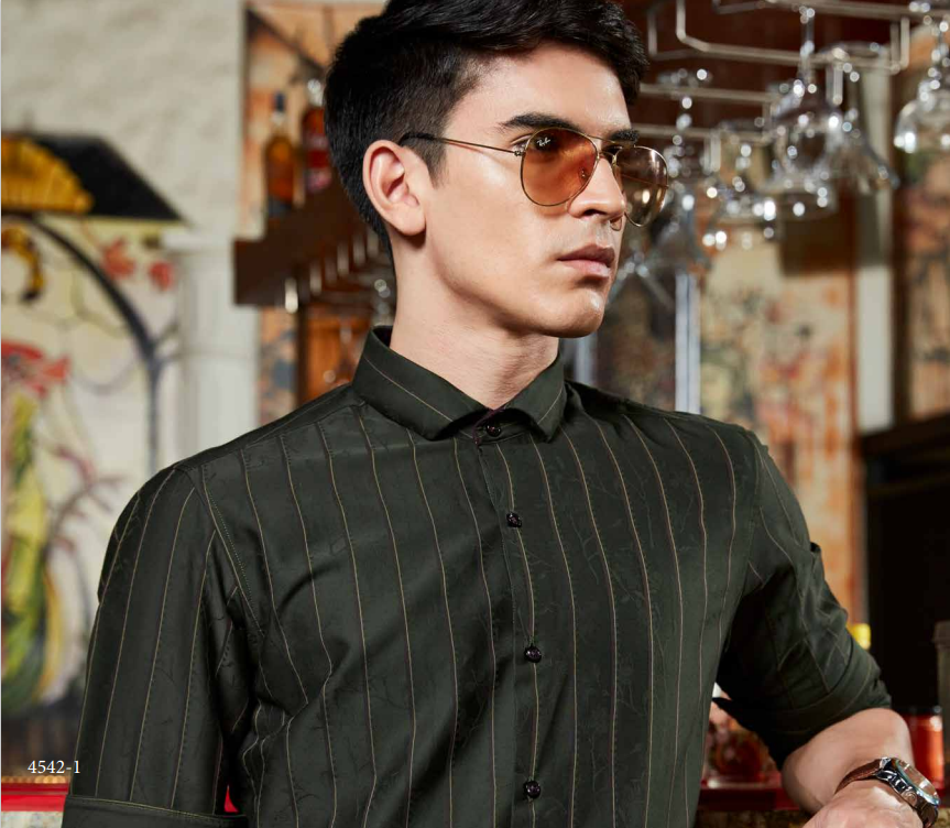 Mens Dark Mustard Green Party Wear Lining Shirt