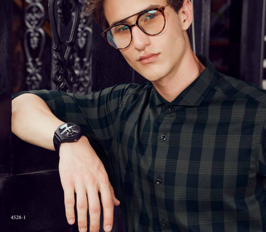 Mens Formal Dark Blue and Mustard Green Check Shirt