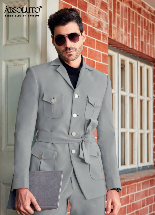 Mens Grey Knotted Party Wear Jacket/Shacket