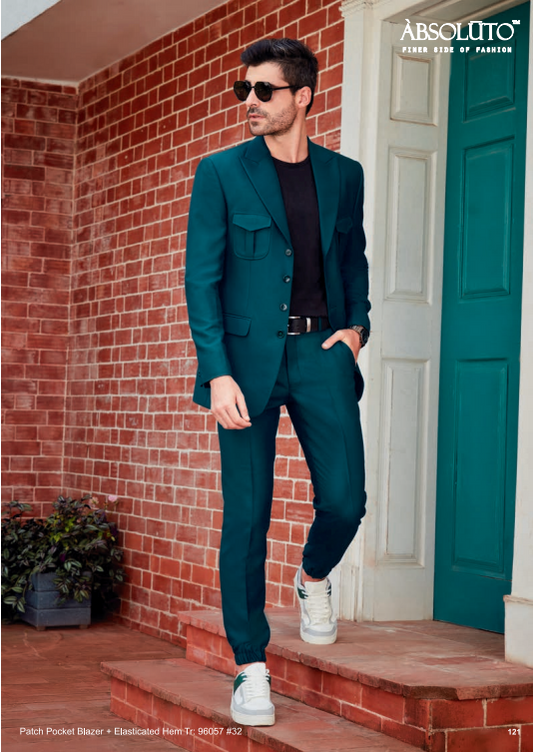 Mens Peacock Green Patch Pocket Blazer+Elasticated Hem