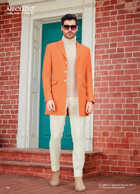 Mens Orange Party Wear Long Blazer