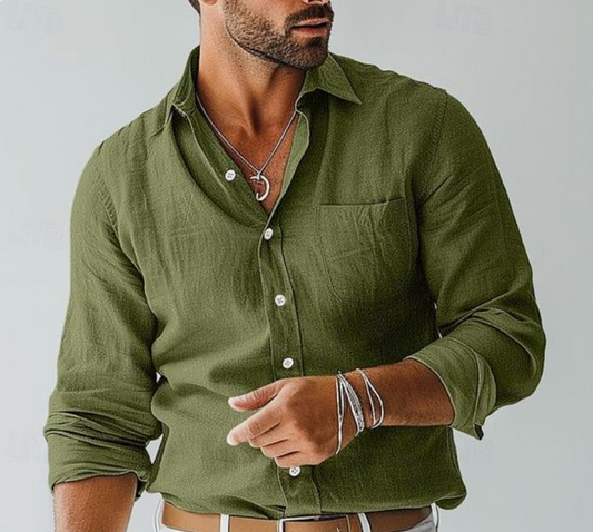 Mens Mustard Green Linen Shirt For Summer