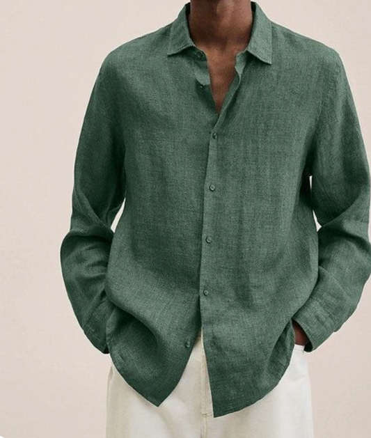 Mens Leaf Green Royal Linen Shirt For Summer