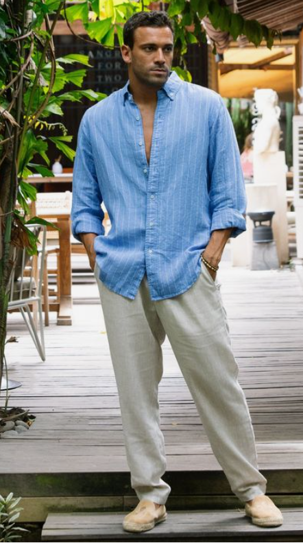 Mens Sky Blue Striped Royal Linen Shirt For Summer