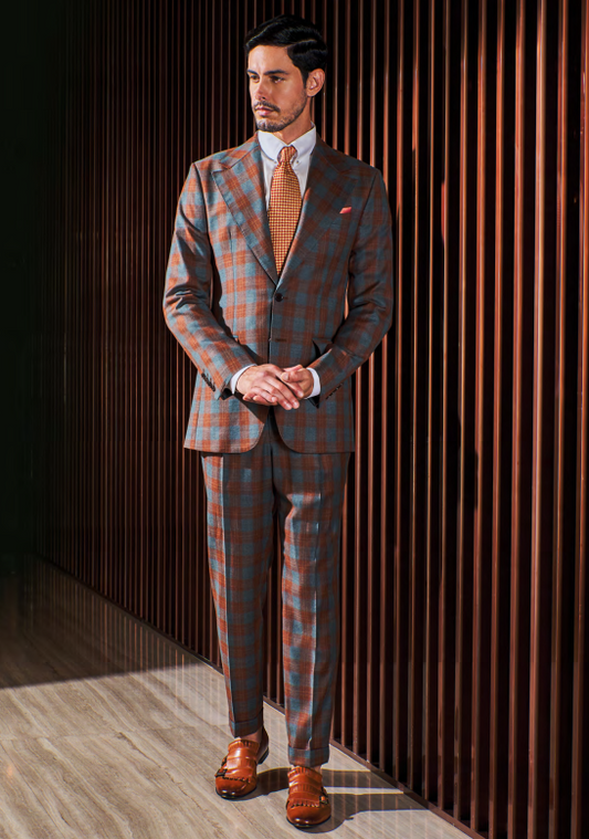 Mens Brown + Royal Blue Check Suit With Check Mustard Brown Tie