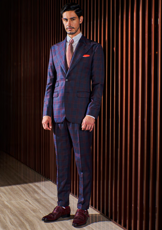 Mens Shining Blue With Maroon Check Suit