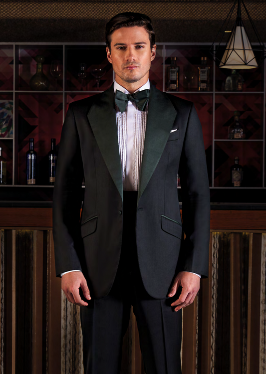 Mens Matte Black Designer Suit With Dark Green Borders