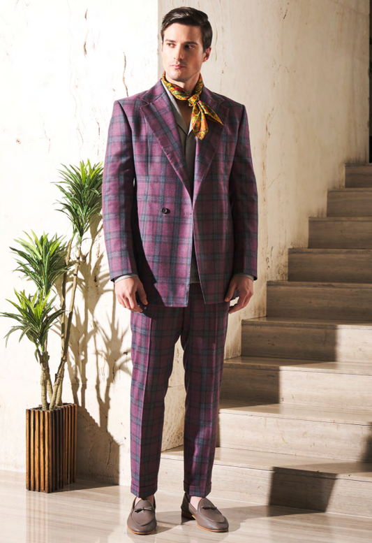 Mens Party Wear Light Maroon Check Suit