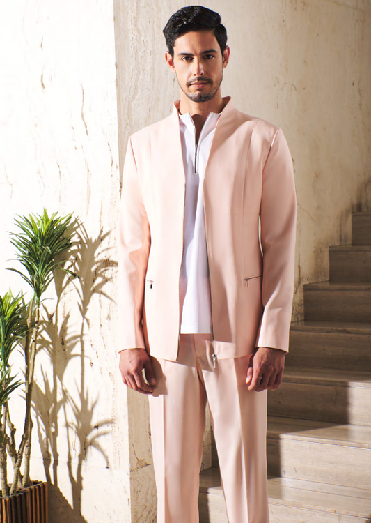 Mens Aesthetic Peach Zipped Casual Suit