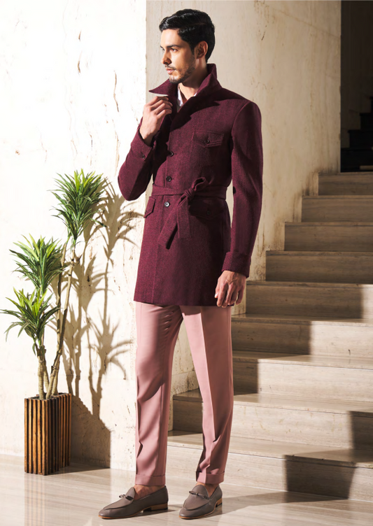 Mens Party Wear Maroon Knotted Long Coat With Neck Collar