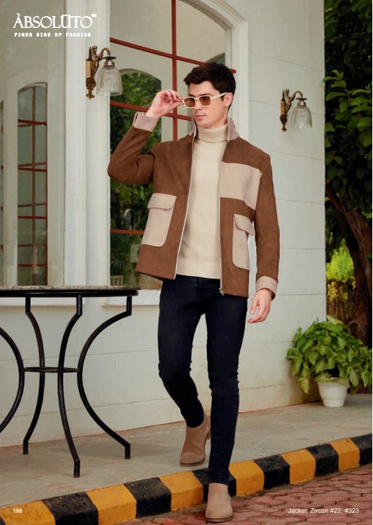 Mens Brownwood and Beige Color Sporty Zipped Jacket