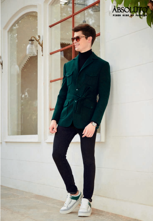 Mens Dark Green Knotted Party Wear Jacket/Shacket